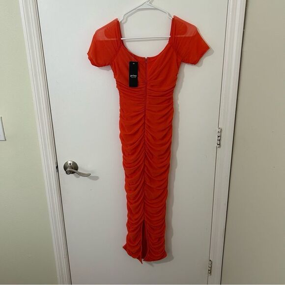Privy | Orange mesh off shoulder ruched midi dress | medium - Picture 5 of 7